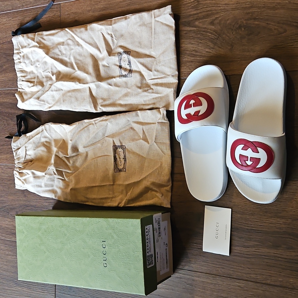 GUCCI INTERLOCKING G LEATHER SLIDES WHITE SIZE EU 38 - Picture 16 of 16